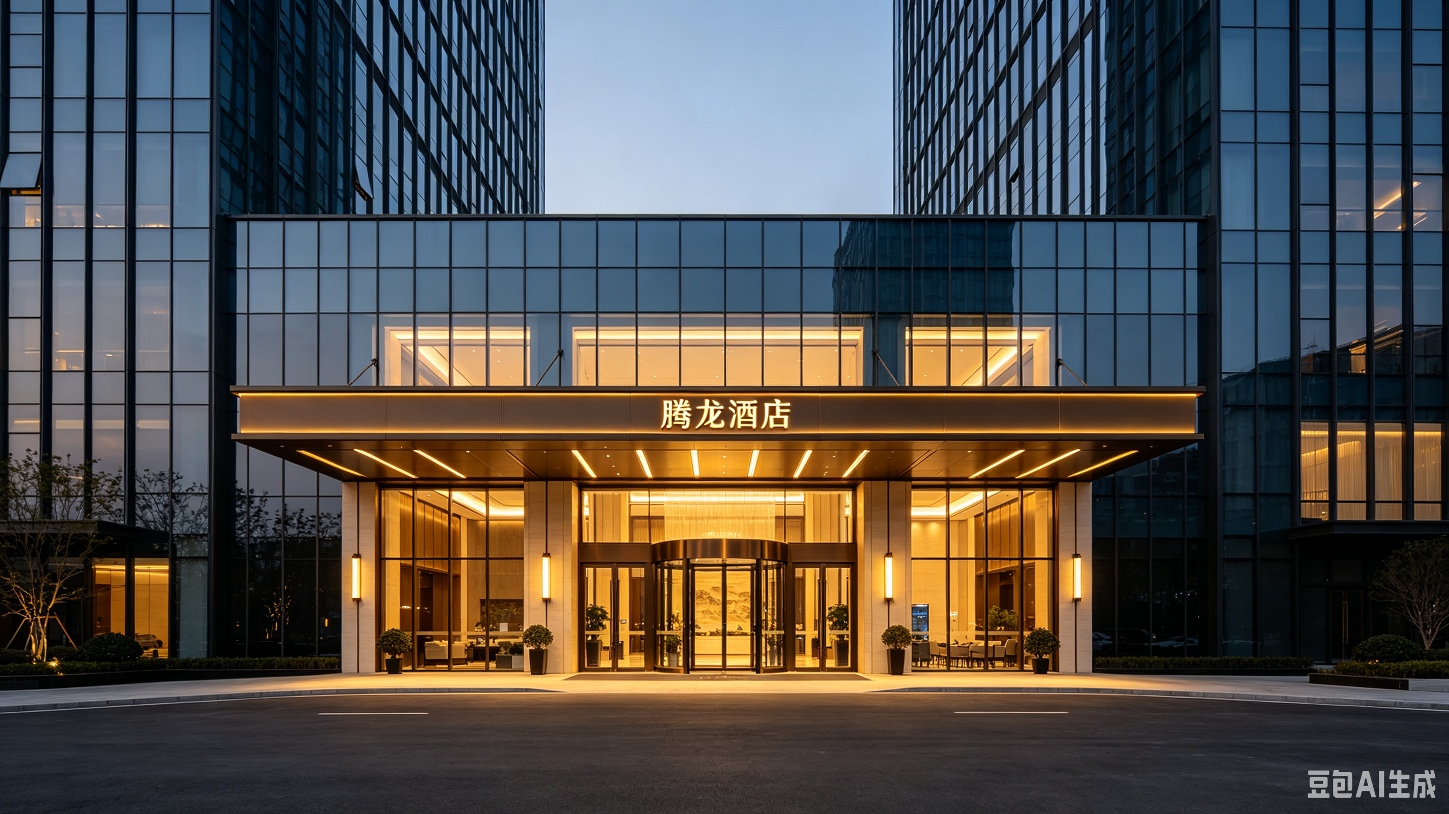 腾龙酒店外观大堂全景，高端星级酒店环境